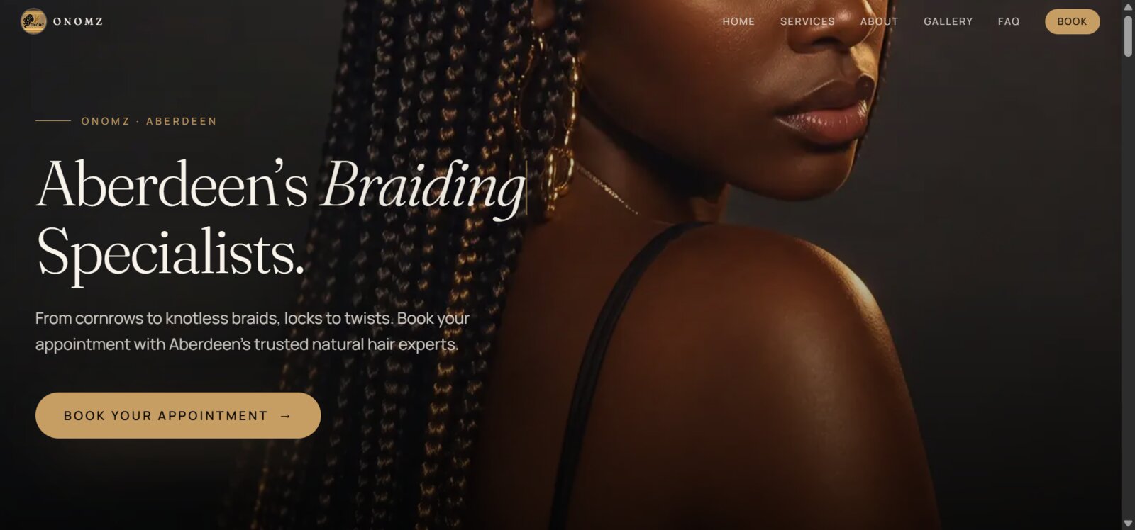 Homepage of the Onomz website, a hair and braiding salon in Aberdeen, built by Alpha Presence