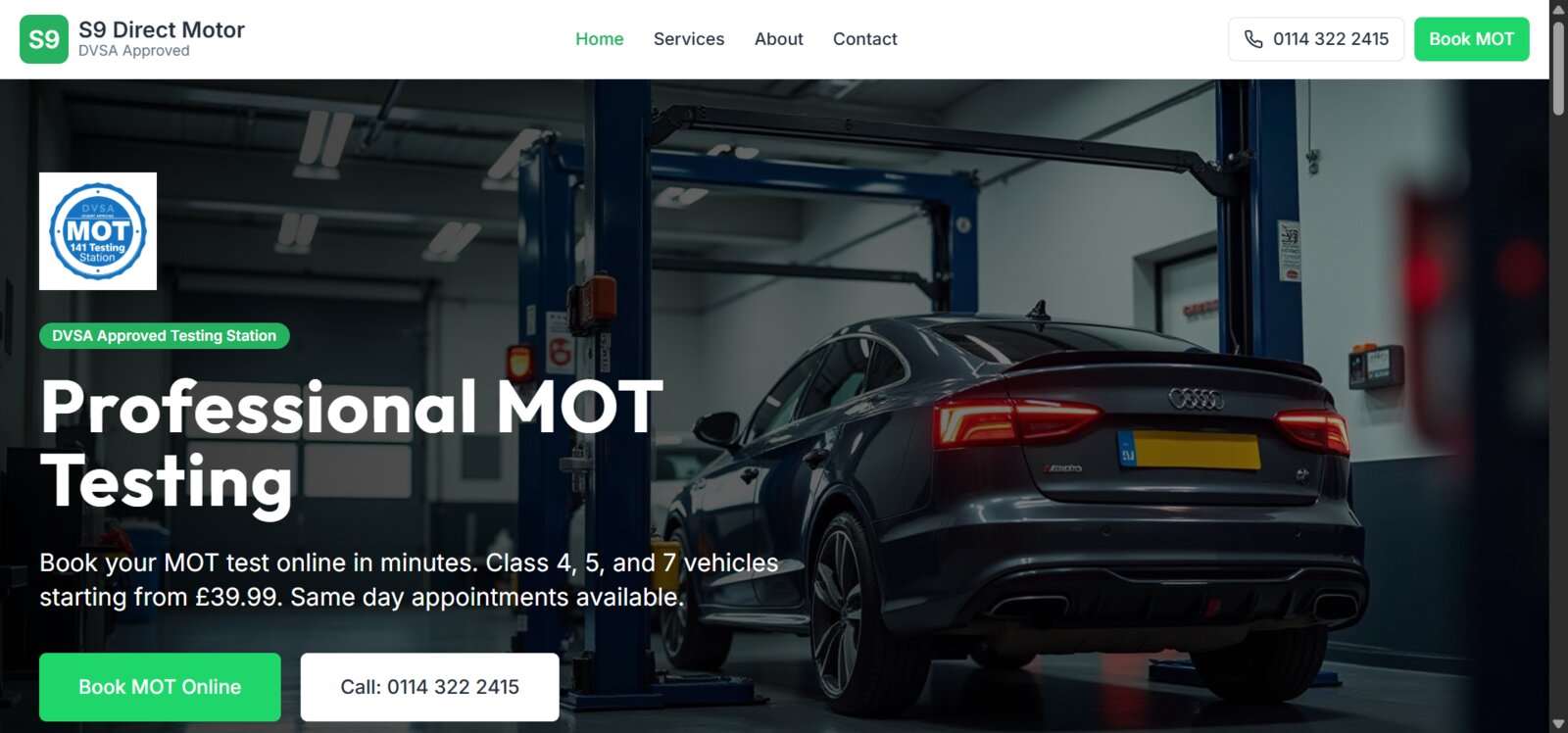 Homepage of the S9 Direct Motor website, a DVSA-approved MOT testing centre, built by Alpha Presence