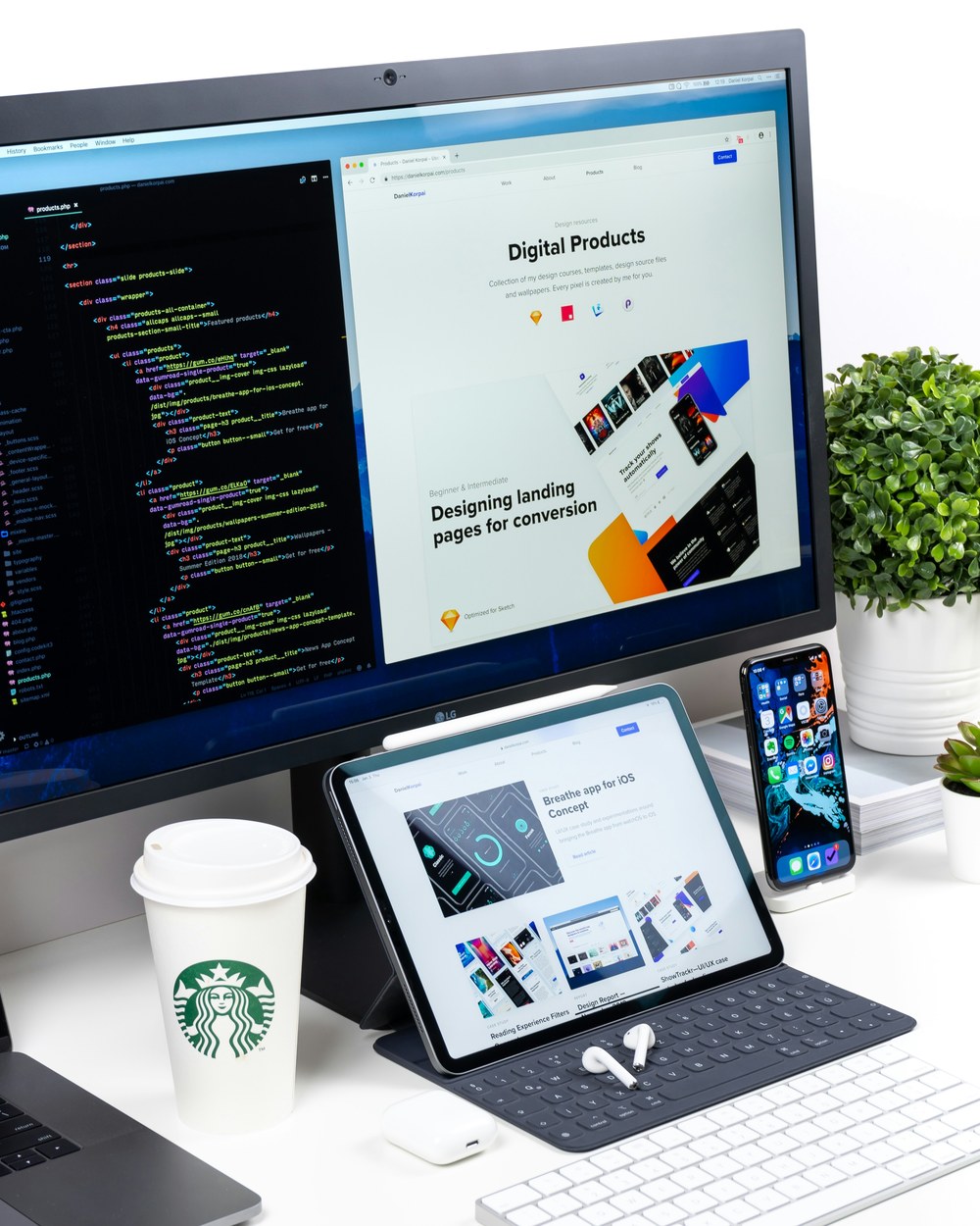 A design and development workspace, showing the site-build and UI/UX work Alpha Presence does for every project